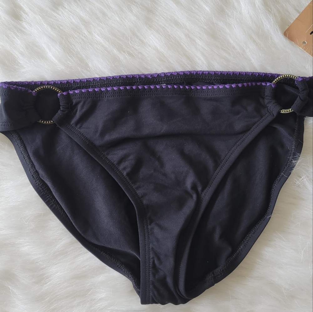 Anne Cole Black with Purple Stiching Bikini Bottom Hoop Hip Connector S NWT